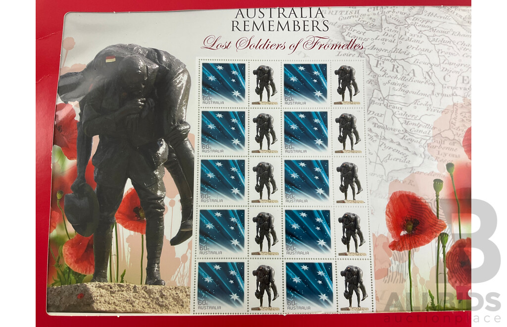 Australian Military Themed Stamp Packs Including, Australia Remembers, Hall of Valour, Between the Lines ANZAC Tradition, Australians Under Fire