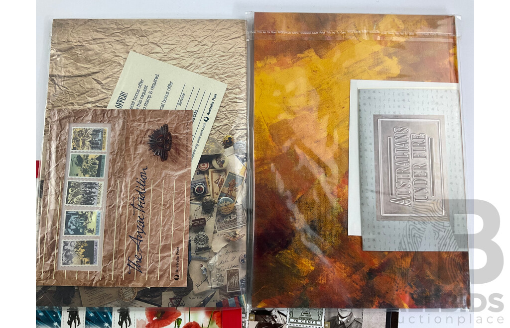 Australian Military Themed Stamp Packs Including, Australia Remembers, Hall of Valour, Between the Lines ANZAC Tradition, Australians Under Fire