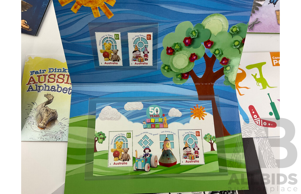 Collection of Australian Stamp Packs Including Owls-Guardians of the Night, Fifty Years of Play School, Hurley's Journey, Women in War, Water Plants, Heard Island and More- Face Value Over $90