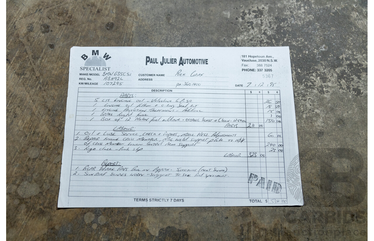 6/1982 BMW 635CSi A E24 2d Coupe Kastanienrot Metallic Red 3.4L - South African Import from the 1980s