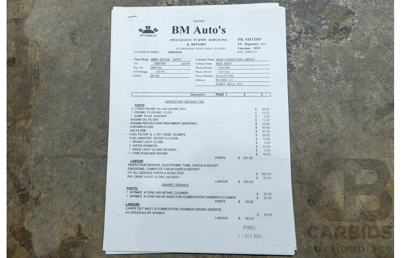 6/1982 BMW 635CSi A E24 2d Coupe Kastanienrot Metallic Red 3.4L - South African Import from the 1980s