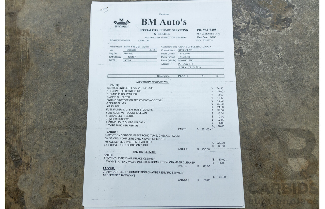 6/1982 BMW 635CSi A E24 2d Coupe Kastanienrot Metallic Red 3.4L - South African Import from the 1980s