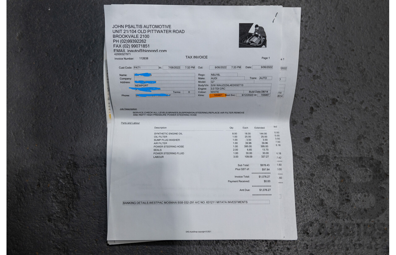 6/2014 Audi Q7 3.0 TDI S-Line Package Quattro (AWD) MY14 4d Wagon White Turbo Diesel 3.0L - 7 Seater