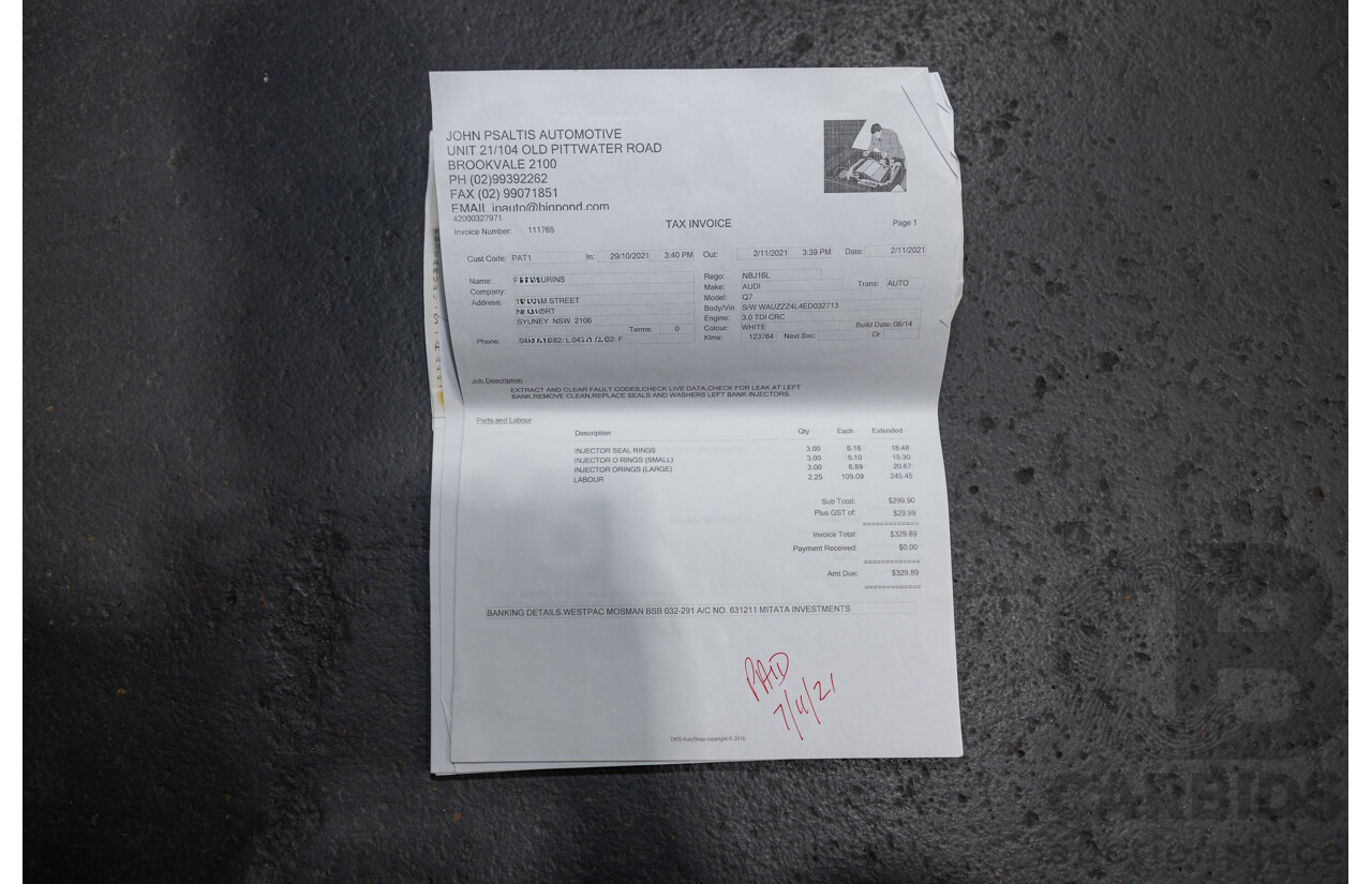 6/2014 Audi Q7 3.0 TDI S-Line Package Quattro (AWD) MY14 4d Wagon White Turbo Diesel 3.0L - 7 Seater