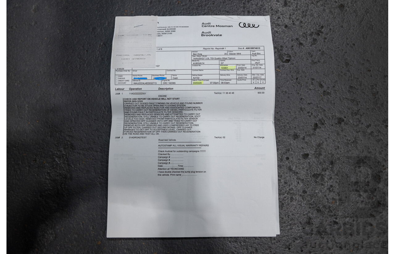 6/2014 Audi Q7 3.0 TDI S-Line Package Quattro (AWD) MY14 4d Wagon White Turbo Diesel 3.0L - 7 Seater