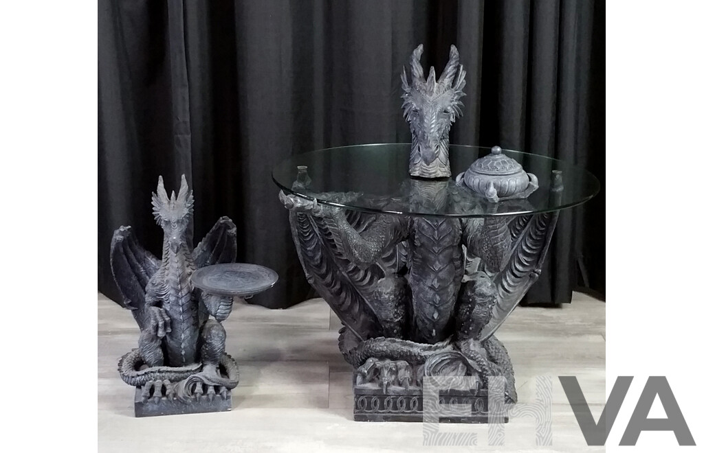 Composite Dragon Form Glass Top Side Table with Smaller Example