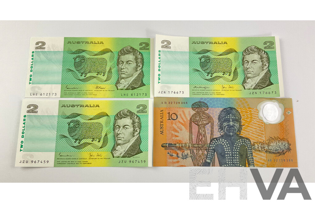 Australian Bank Notes Including 1988 Polymer Ten Dollar AB 32728368 with Two Dollar Paper Notes 1979  Knight/Stone, 1983 Johnston/Stone and 1985 Johnston/Fraser