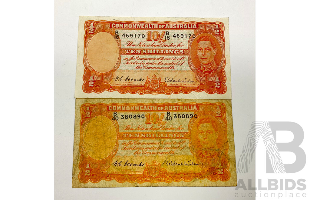 Two Australian Ten Pound Notes, Coombs/Wilson B16 469170, B40 380890