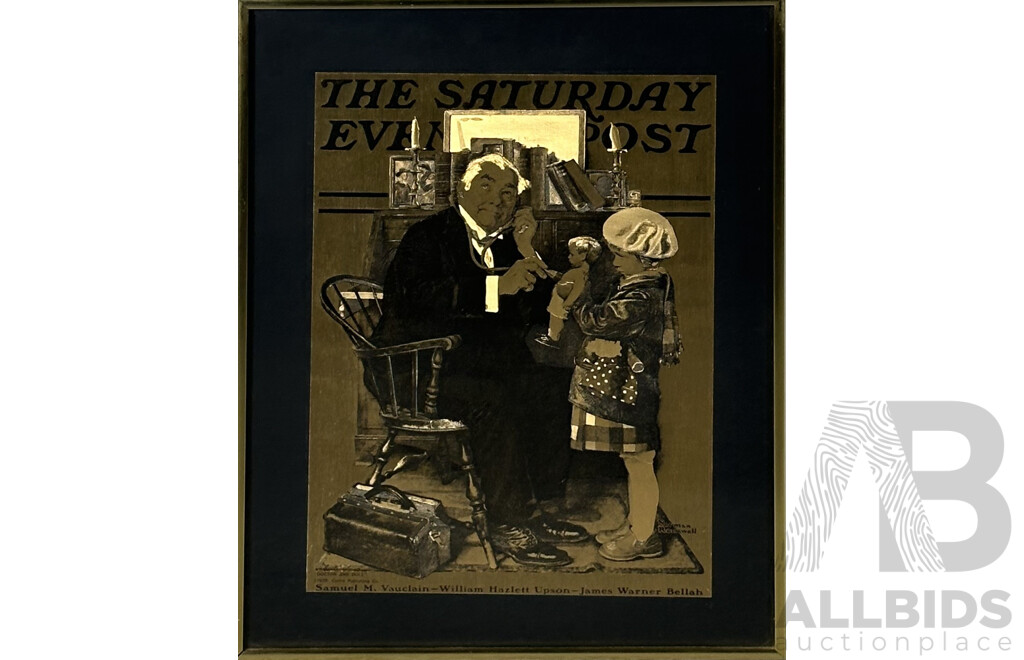 Framed Vintage Etching on Foil After the Original 1929 Norman Rockwell Doctor & Doll Illustration From the Saturday Evening Post