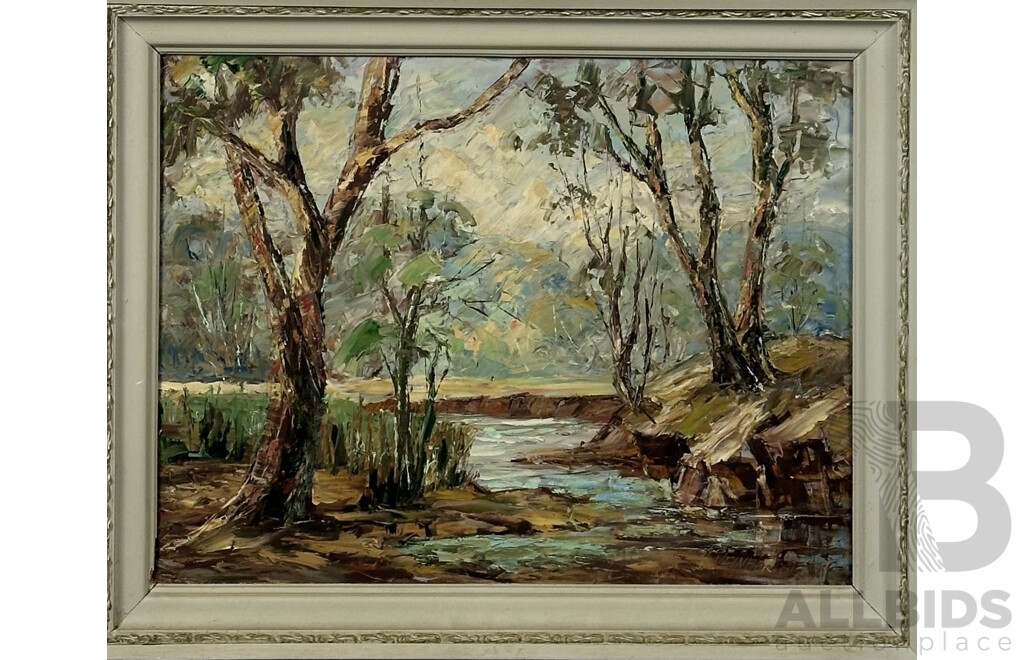 V. Veinbergs, (1960-70s), Tranquil Creek Amongst the Trees, '63, Acrylic on Board