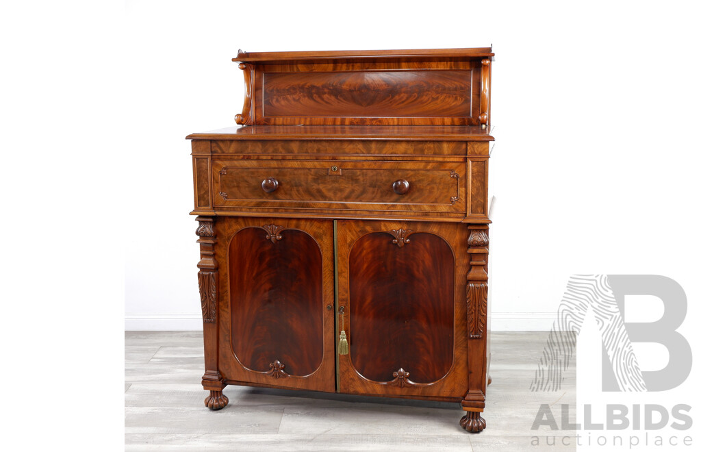 Early Victorian Flame Mahogany Fitted High Back Sideboard