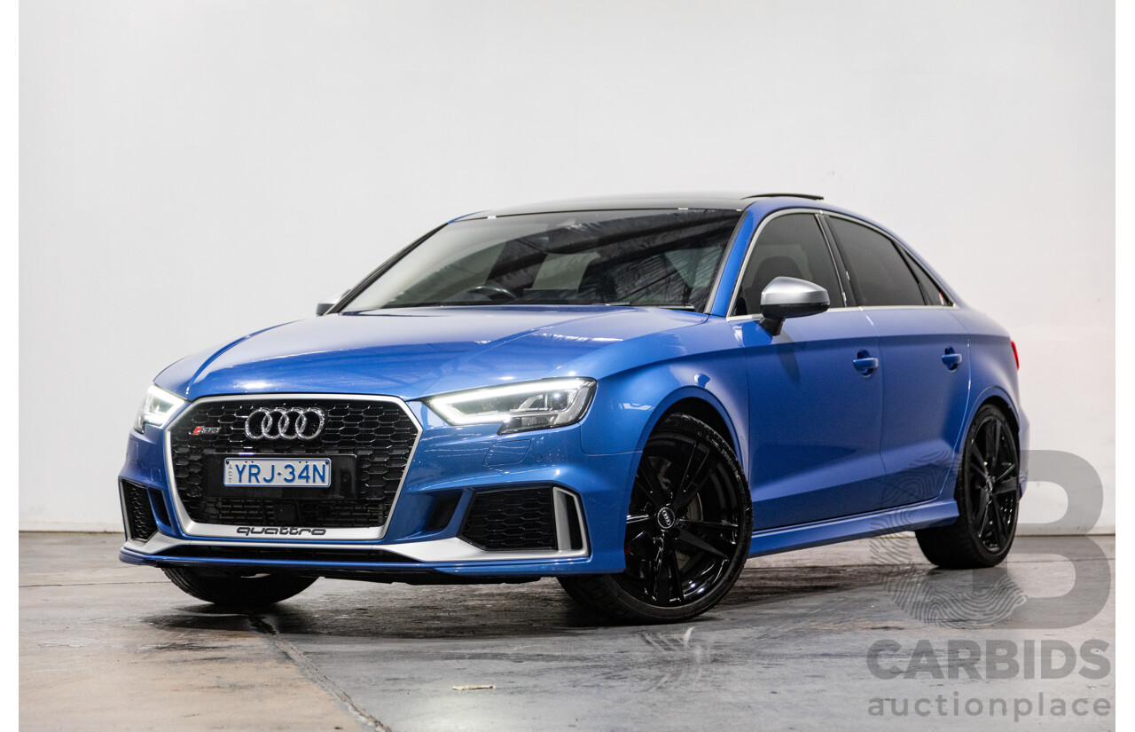 10/2017 Audi RS3 Quattro (AWD) MY18 8V 4d Sedan Ara Blue Crystal Pearl Turbo 2.5L - Modified Stage 2