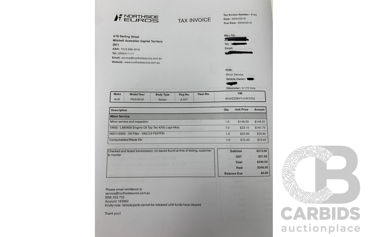 10/2017 Audi RS3 Quattro (AWD) MY18 8V 4d Sedan Ara Blue Crystal Pearl Turbo 2.5L - Modified Stage 2