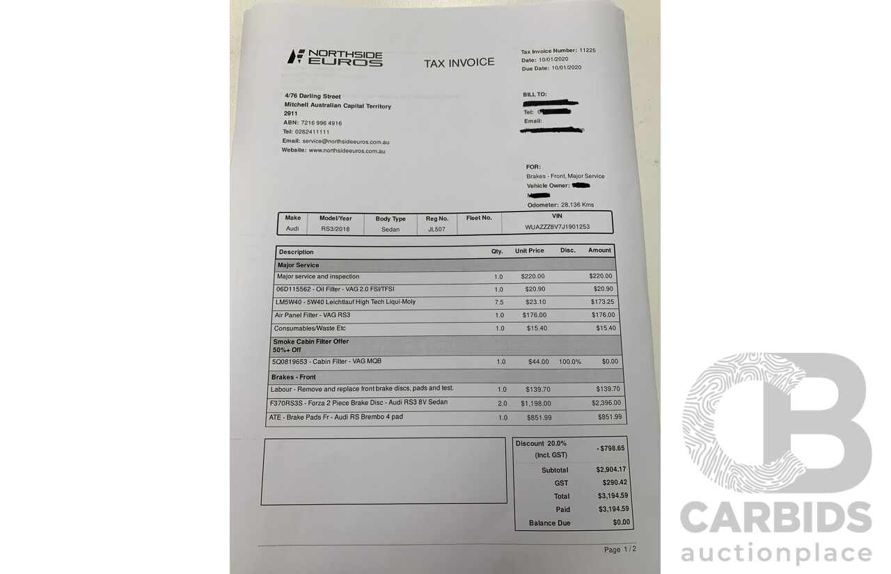 10/2017 Audi RS3 Quattro (AWD) MY18 8V 4d Sedan Ara Blue Crystal Pearl Turbo 2.5L - Modified Stage 2