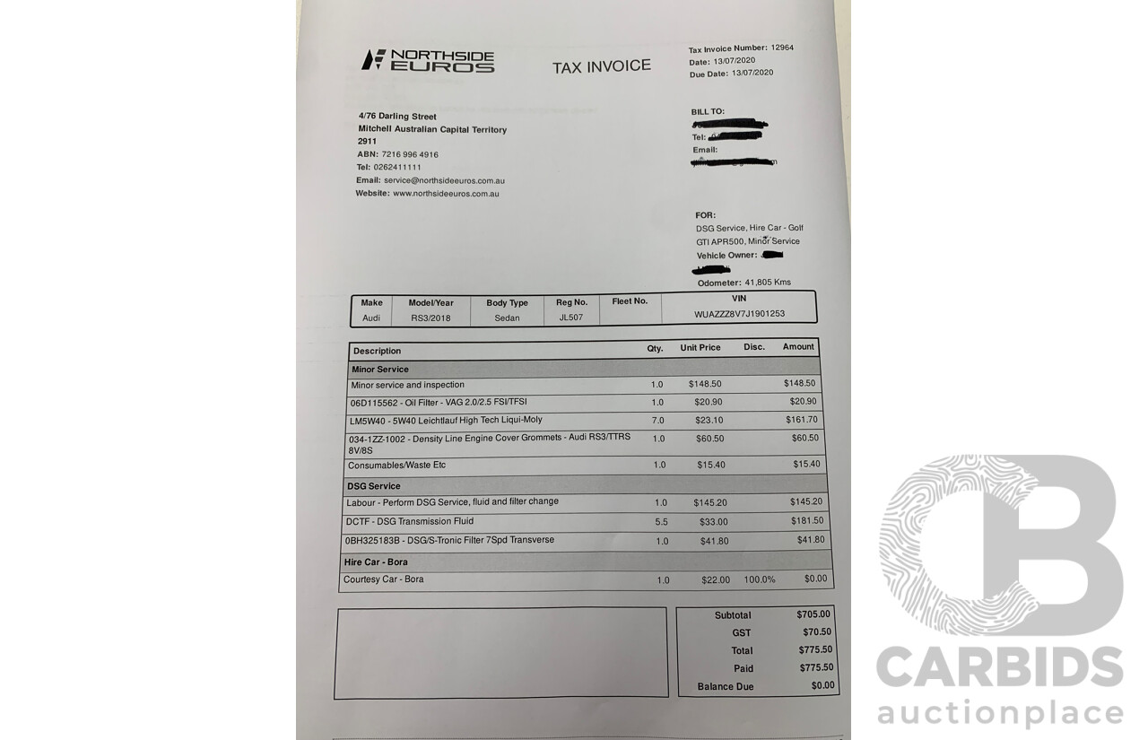 10/2017 Audi RS3 Quattro (AWD) MY18 8V 4d Sedan Ara Blue Crystal Pearl Turbo 2.5L - Modified Stage 2