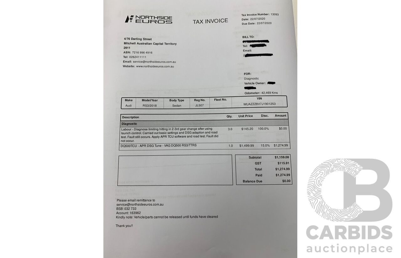 10/2017 Audi RS3 Quattro (AWD) MY18 8V 4d Sedan Ara Blue Crystal Pearl Turbo 2.5L - Modified Stage 2