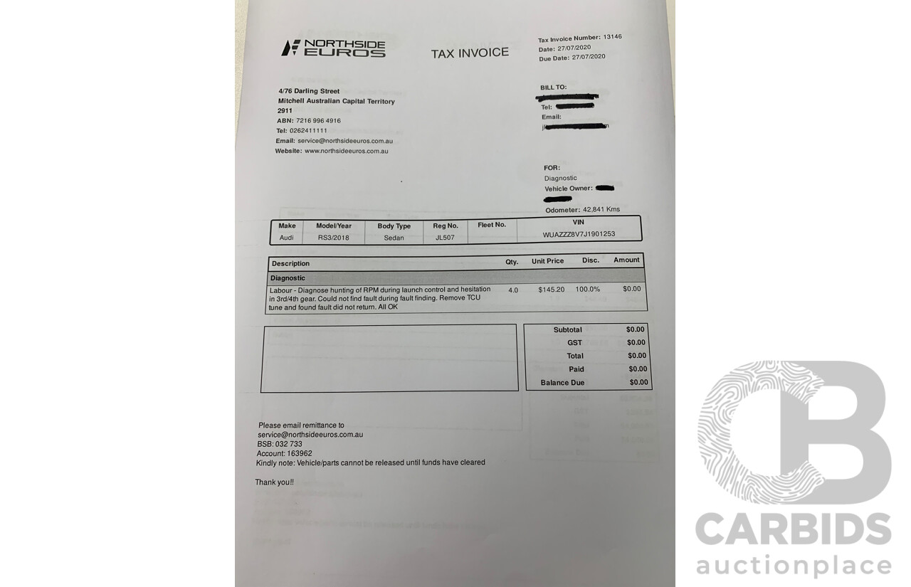 10/2017 Audi RS3 Quattro (AWD) MY18 8V 4d Sedan Ara Blue Crystal Pearl Turbo 2.5L - Modified Stage 2