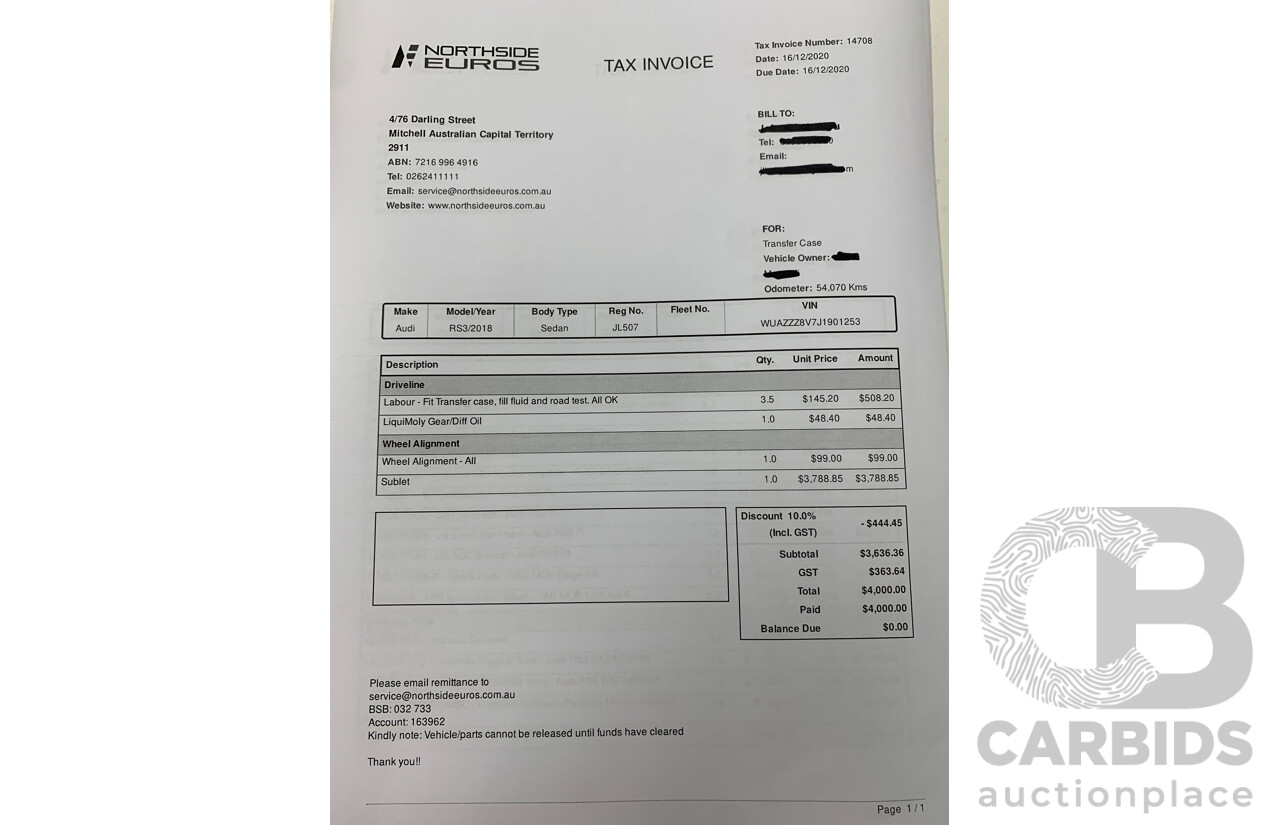 10/2017 Audi RS3 Quattro (AWD) MY18 8V 4d Sedan Ara Blue Crystal Pearl Turbo 2.5L - Modified Stage 2