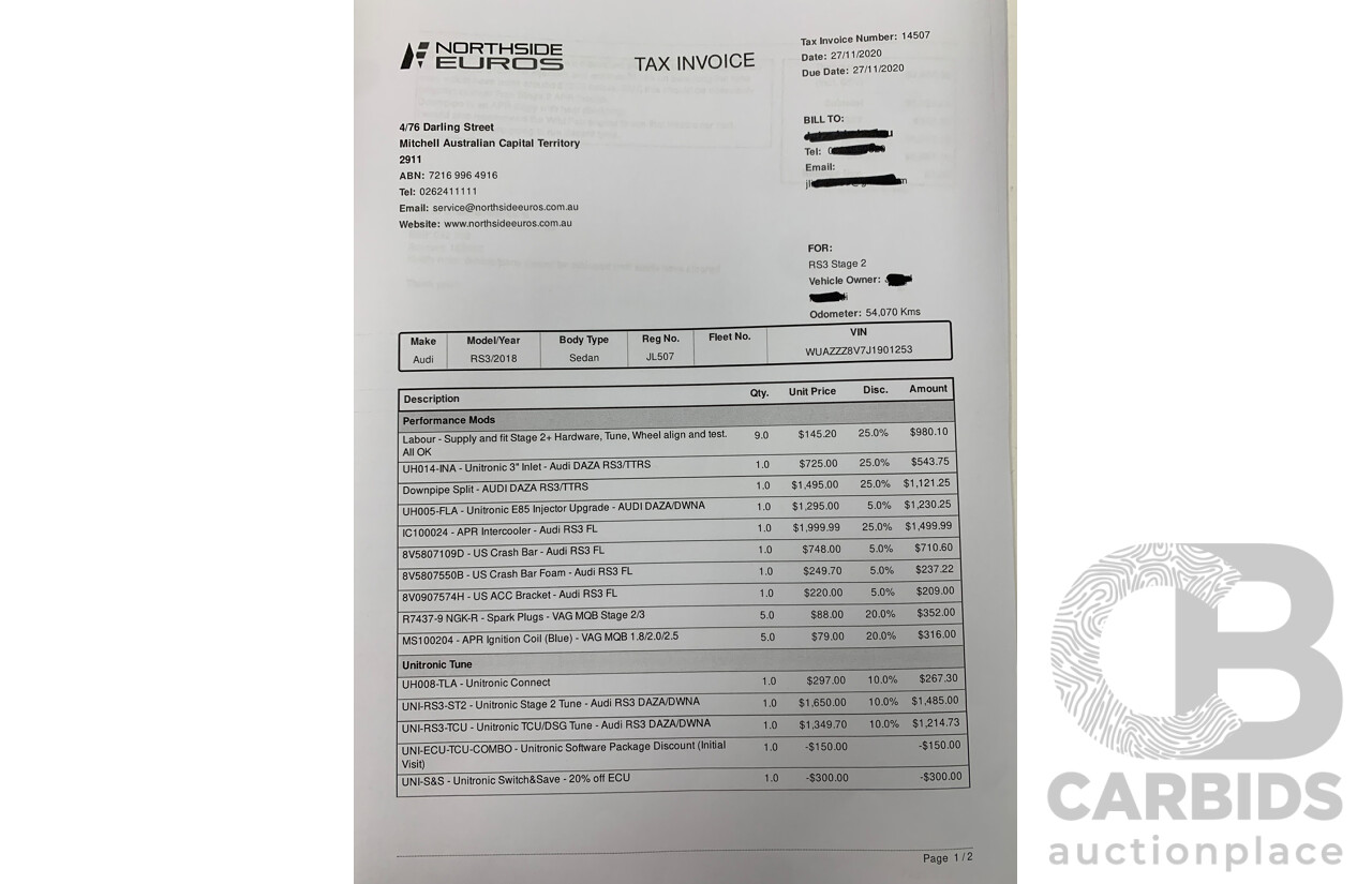 10/2017 Audi RS3 Quattro (AWD) MY18 8V 4d Sedan Ara Blue Crystal Pearl Turbo 2.5L - Modified Stage 2