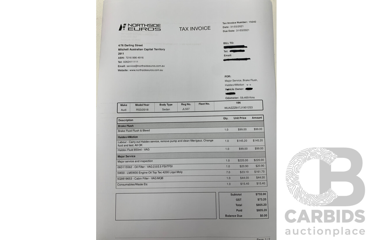 10/2017 Audi RS3 Quattro (AWD) MY18 8V 4d Sedan Ara Blue Crystal Pearl Turbo 2.5L - Modified Stage 2