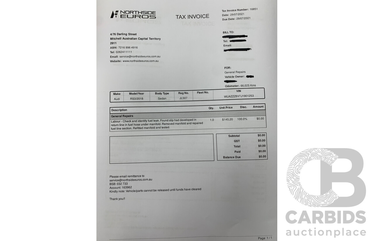 10/2017 Audi RS3 Quattro (AWD) MY18 8V 4d Sedan Ara Blue Crystal Pearl Turbo 2.5L - Modified Stage 2