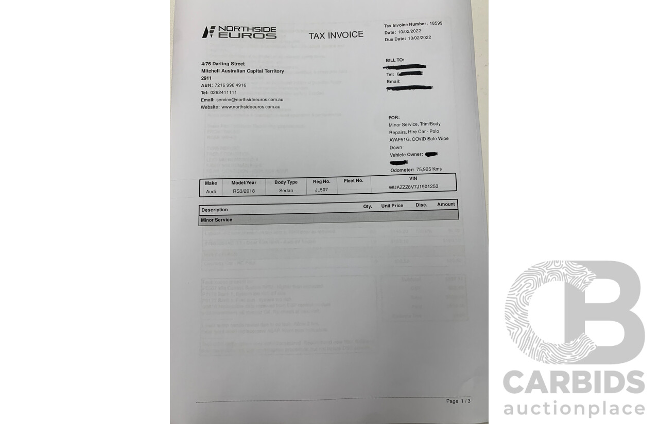 10/2017 Audi RS3 Quattro (AWD) MY18 8V 4d Sedan Ara Blue Crystal Pearl Turbo 2.5L - Modified Stage 2