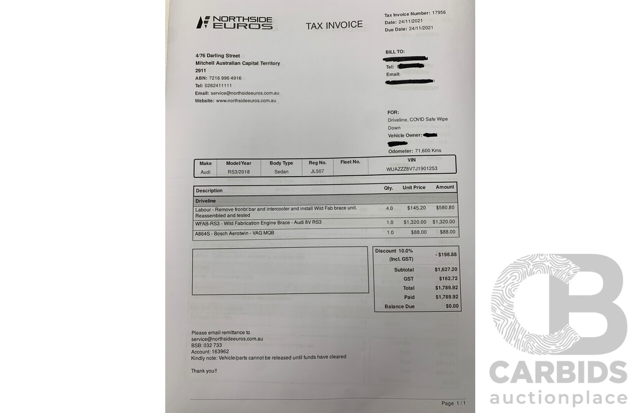 10/2017 Audi RS3 Quattro (AWD) MY18 8V 4d Sedan Ara Blue Crystal Pearl Turbo 2.5L - Modified Stage 2