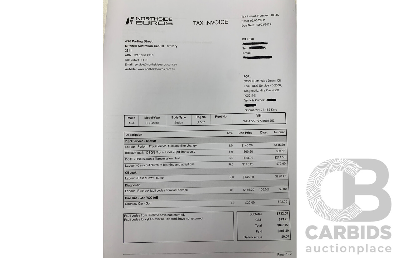 10/2017 Audi RS3 Quattro (AWD) MY18 8V 4d Sedan Ara Blue Crystal Pearl Turbo 2.5L - Modified Stage 2