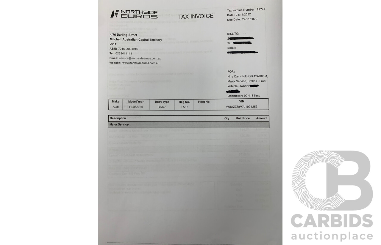 10/2017 Audi RS3 Quattro (AWD) MY18 8V 4d Sedan Ara Blue Crystal Pearl Turbo 2.5L - Modified Stage 2