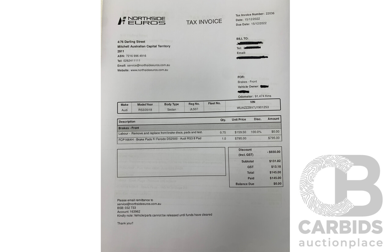 10/2017 Audi RS3 Quattro (AWD) MY18 8V 4d Sedan Ara Blue Crystal Pearl Turbo 2.5L - Modified Stage 2