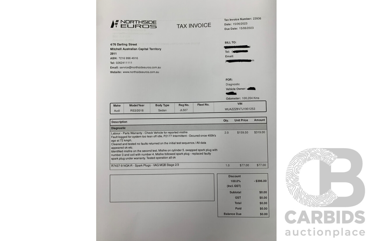 10/2017 Audi RS3 Quattro (AWD) MY18 8V 4d Sedan Ara Blue Crystal Pearl Turbo 2.5L - Modified Stage 2