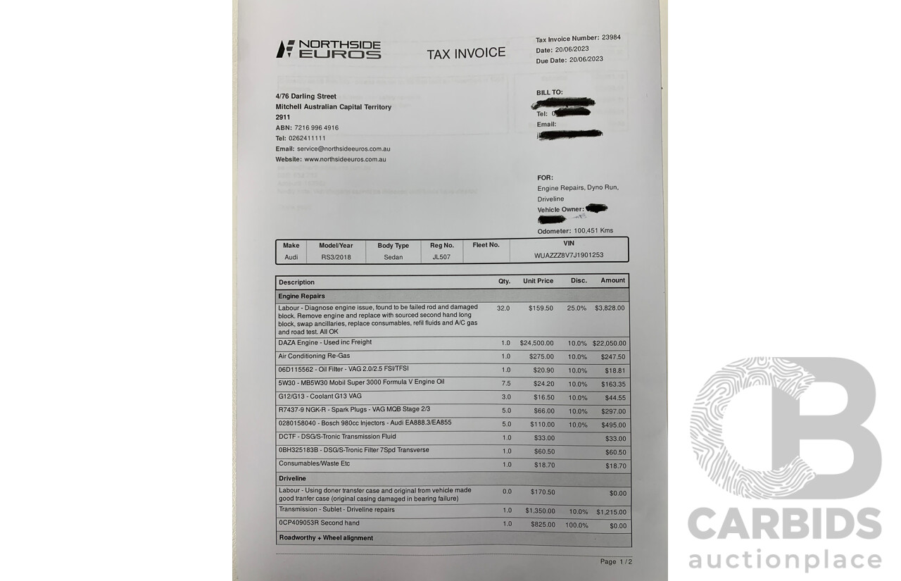 10/2017 Audi RS3 Quattro (AWD) MY18 8V 4d Sedan Ara Blue Crystal Pearl Turbo 2.5L - Modified Stage 2