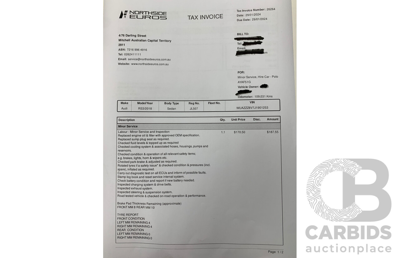 10/2017 Audi RS3 Quattro (AWD) MY18 8V 4d Sedan Ara Blue Crystal Pearl Turbo 2.5L - Modified Stage 2