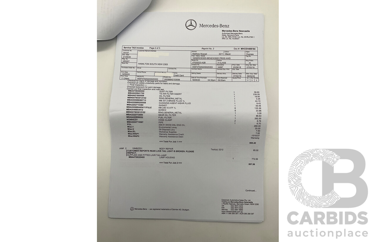 01/2019 Mercedes Benz X350d Power 4Matic (4x4) 470 4d Dual Cab Utility Kabara Black Metallic Turbo Diesel V6 3.0L