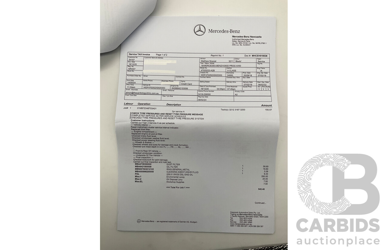 01/2019 Mercedes Benz X350d Power 4Matic (4x4) 470 4d Dual Cab Utility Kabara Black Metallic Turbo Diesel V6 3.0L