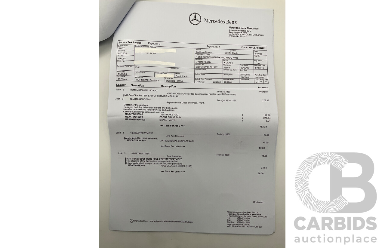 01/2019 Mercedes Benz X350d Power 4Matic (4x4) 470 4d Dual Cab Utility Kabara Black Metallic Turbo Diesel V6 3.0L