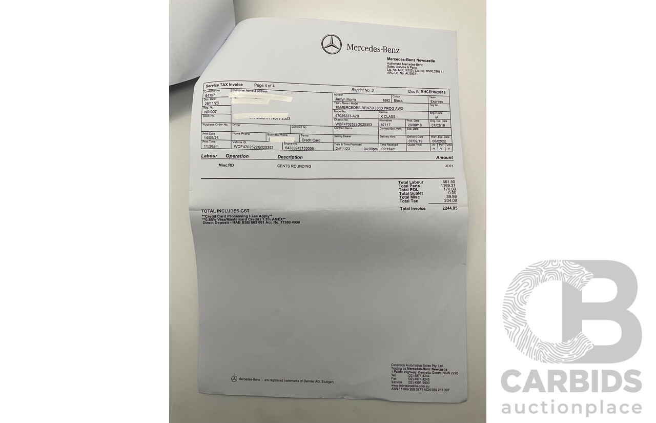 01/2019 Mercedes Benz X350d Power 4Matic (4x4) 470 4d Dual Cab Utility Kabara Black Metallic Turbo Diesel V6 3.0L