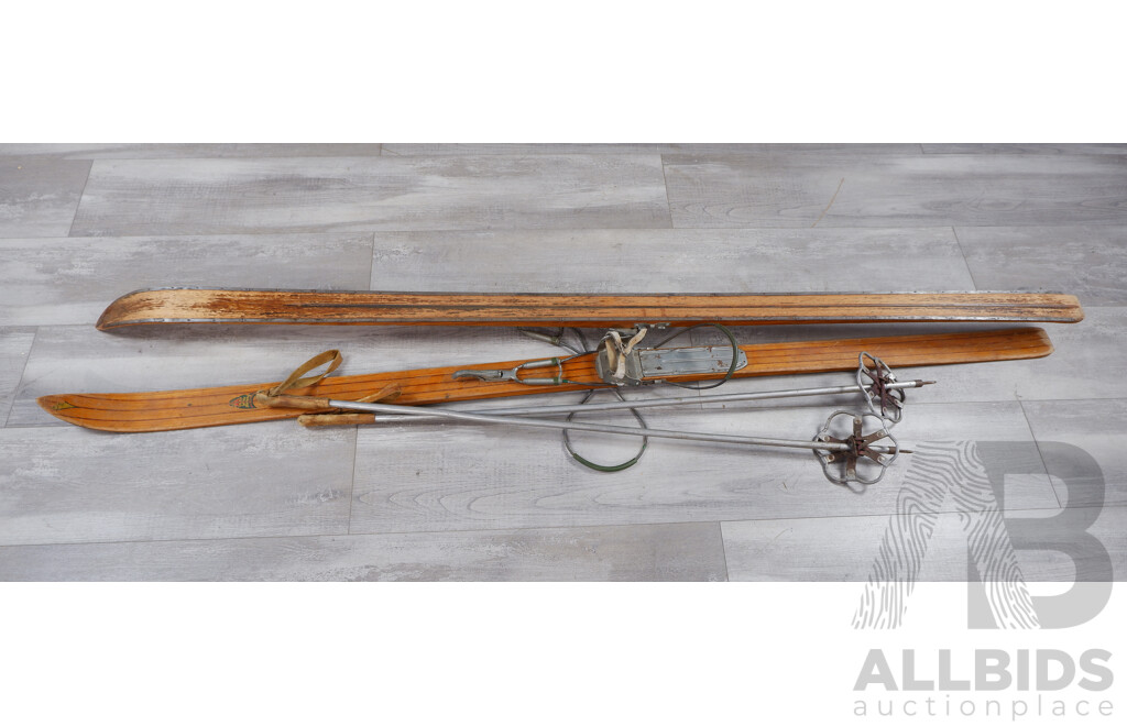 Pair of Vintage European Timber Snow Skis with Stocks