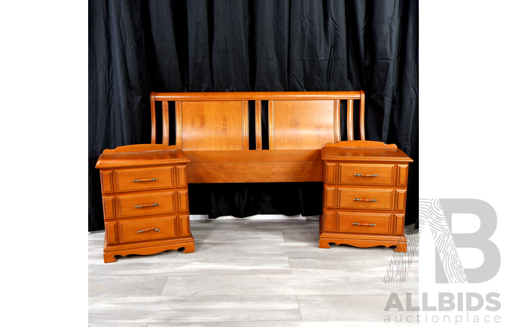 Pair of Pine Three Drawer Bedside with Bedhead