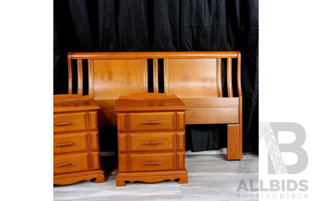 Pair of Pine Three Drawer Bedside with Bedhead