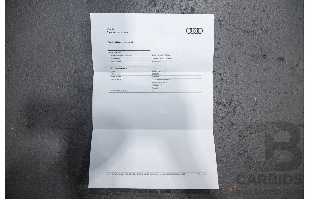 3/2017 Audi Q7 3.0 TDI Quattro (AWD) 4M 4d Wagon Florett Silver Metallic Turbo Diesel V6 3.0L - 7 Seater