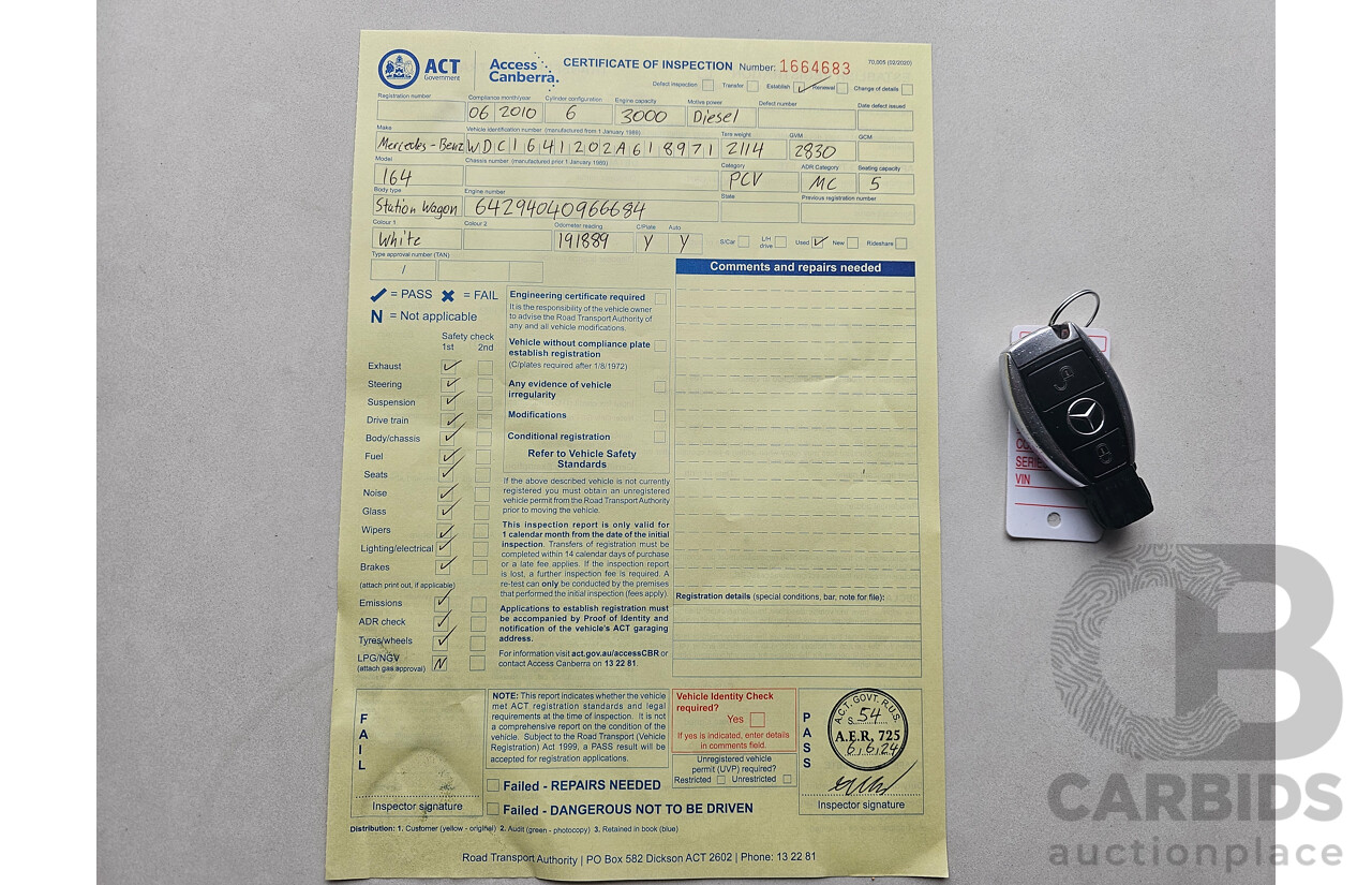 6/2010 Mercedes-Benz ML 300 CDI (4x4) W164 09 UPGRADE 4d Wagon White 3.0L