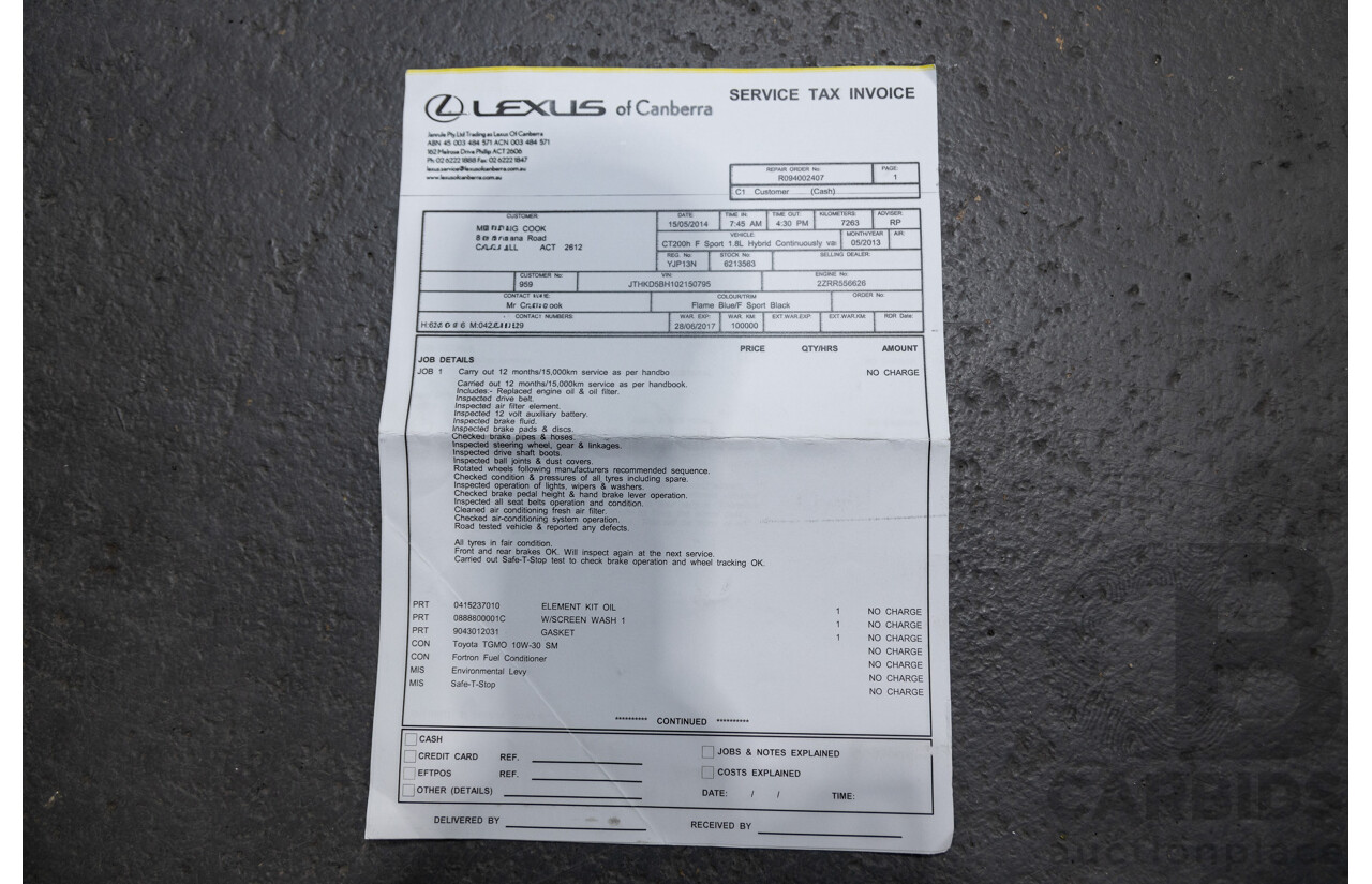 5/2013 Lexus CT 200h Hybrid F-Sport ZWA10R MY13 Upgrade 5d Hatchback Flame Blue Hybrid 1.8L