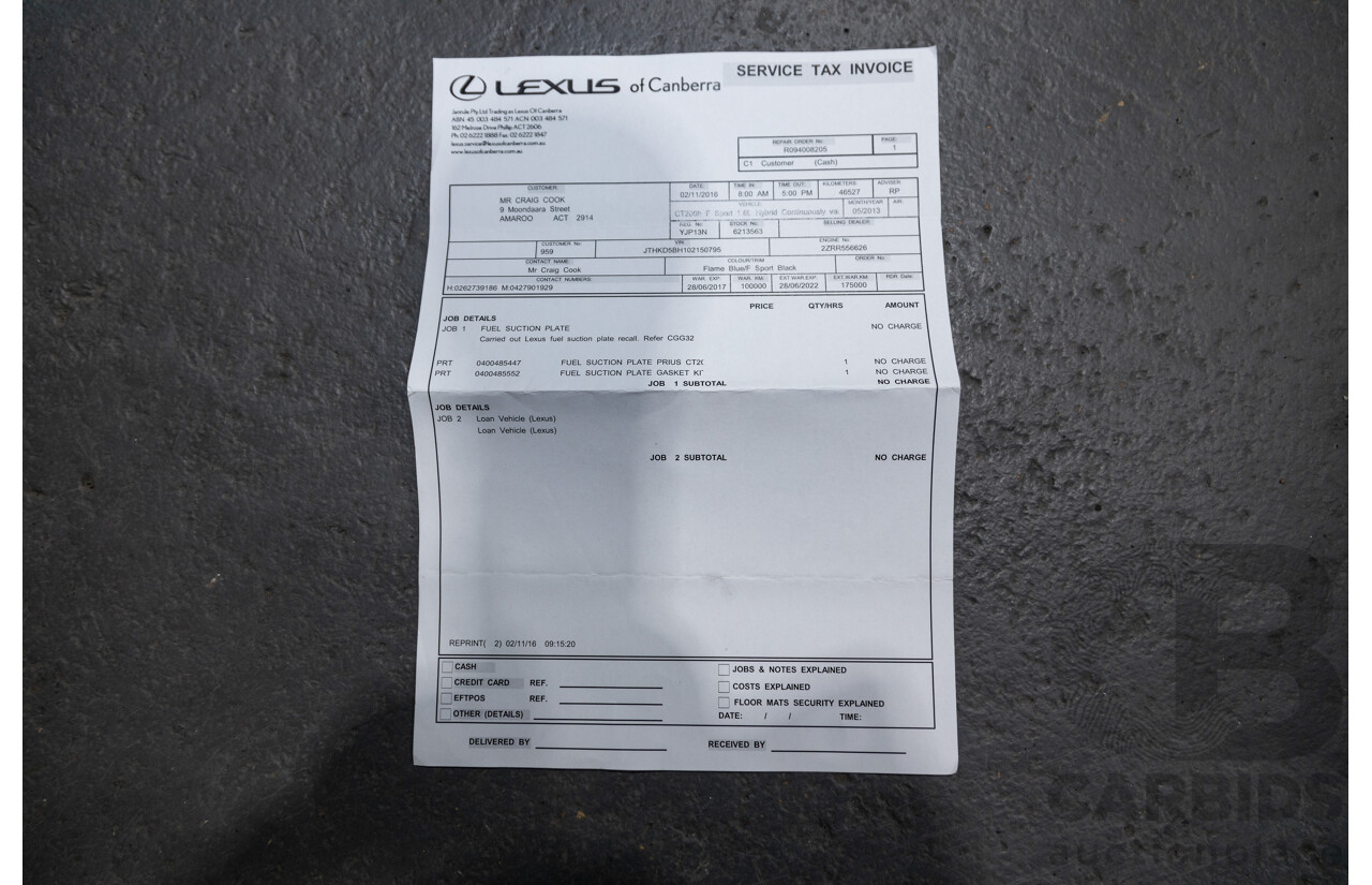 5/2013 Lexus CT 200h Hybrid F-Sport ZWA10R MY13 Upgrade 5d Hatchback Flame Blue Hybrid 1.8L