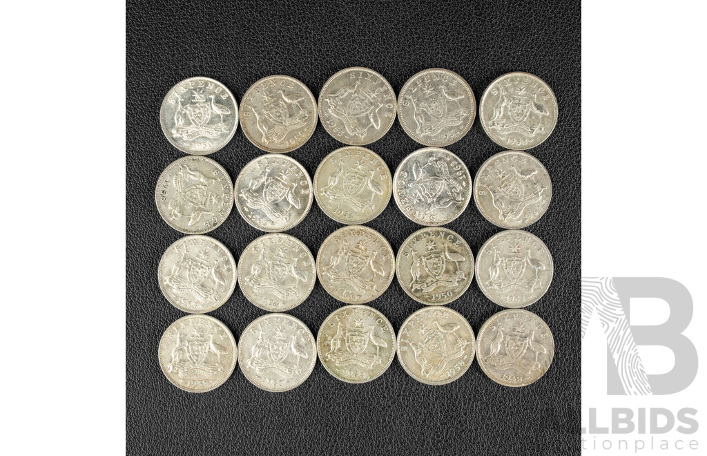 Twenty Australian Silver Sixpence Spanning 1948 to 1963 .500