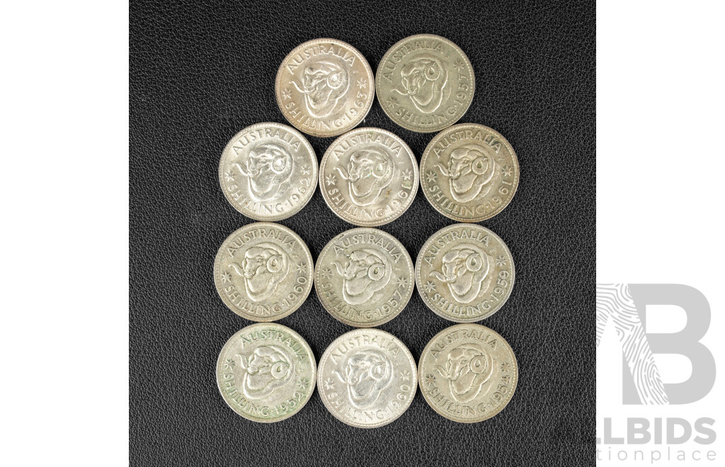 Eleven Australian Silver Shillings Spanning 1952 to 1963 .500