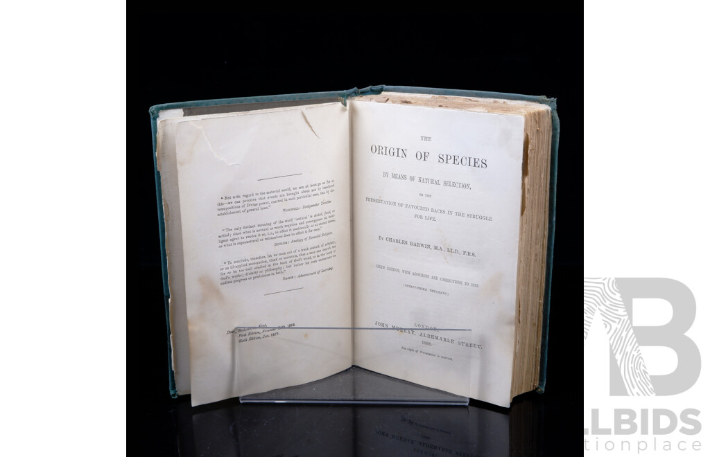The Origin of Species Etc, Charles Darwin, John Murray, London, 1888, Cloth Bound Hardcover