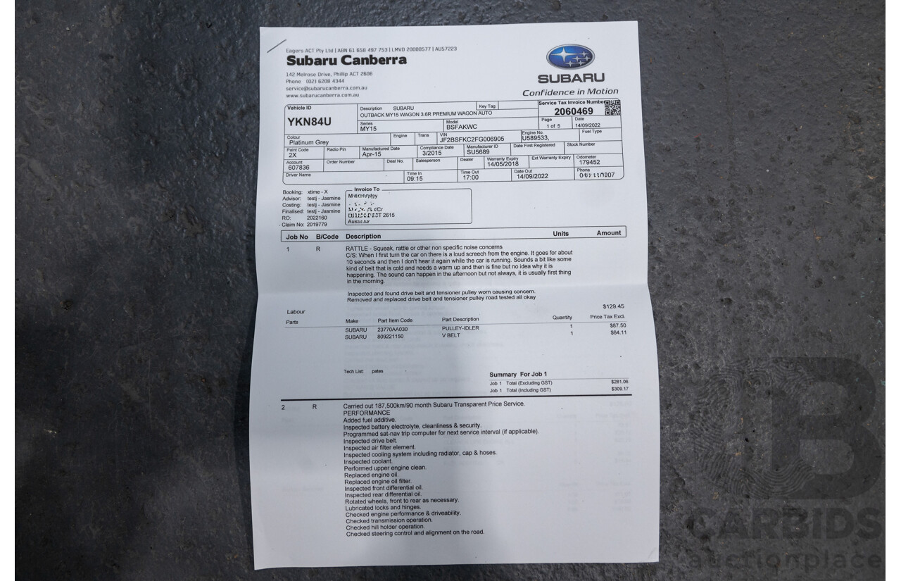 5/2015 Subaru Outback 3.6R Premium MY15 (AWD) 4d Wagon Platinum Grey Metallic 3.6L