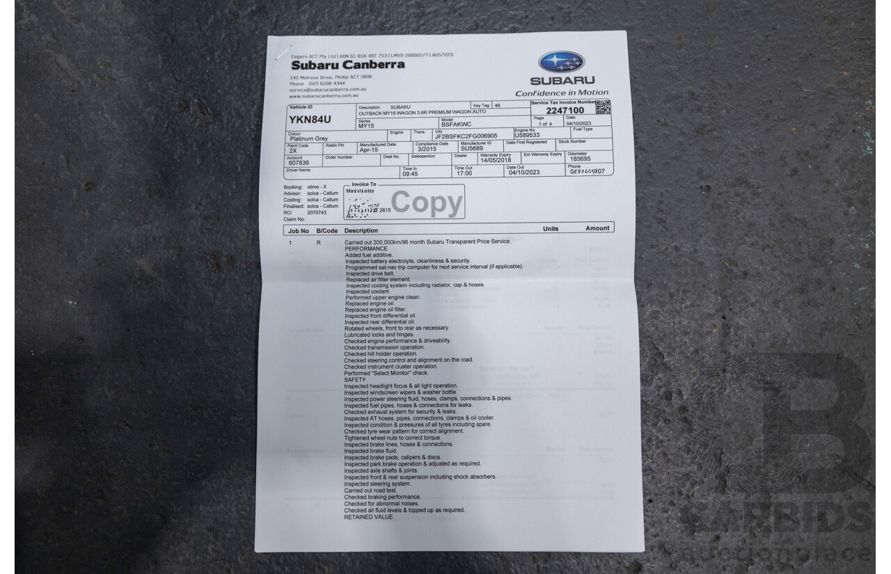 5/2015 Subaru Outback 3.6R Premium MY15 (AWD) 4d Wagon Platinum Grey Metallic 3.6L