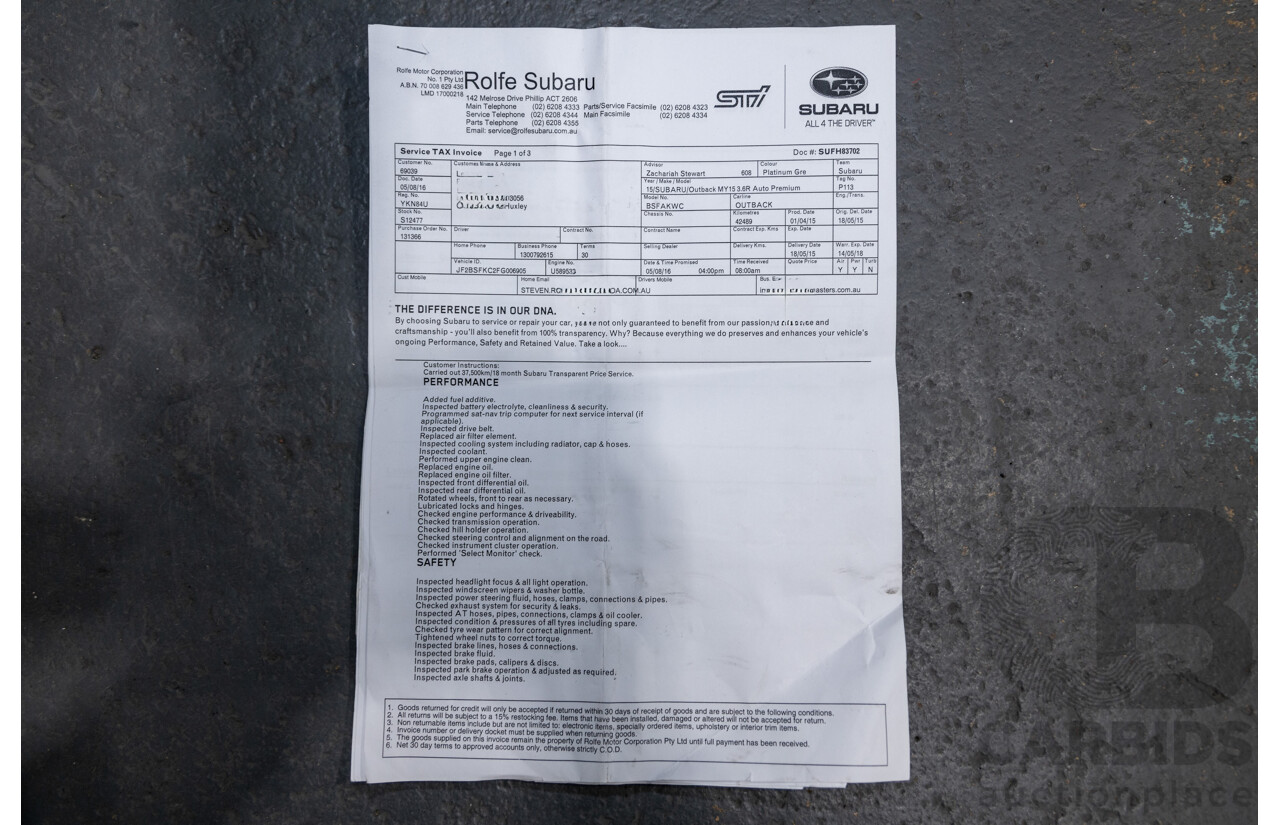 5/2015 Subaru Outback 3.6R Premium MY15 (AWD) 4d Wagon Platinum Grey Metallic 3.6L